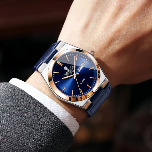 Montre-bracelet à quartz BINBOND de luxe avec bracelet en cuir, précise, lumineuse, étanche, affichage automatique de la date et du jour de la semaine, durable, pour homme.