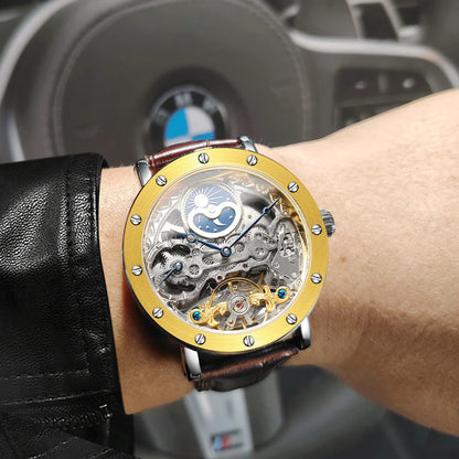 Montre-bracelet mécanique automatique SKROX pour homme, modèle squelette avec fonction GMT, phase de lune et tourbillon – Montre de luxe haut de gamme, élégante et originale.