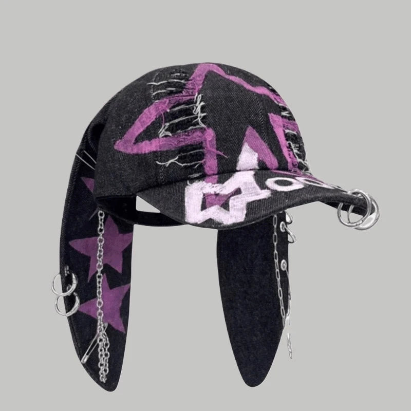 Celebrity-Inspired Niche Rabbit Ear Denim Ripped Baseball Cap Washed Graffiti Hip-Hop Sun Hat Trendy Cap