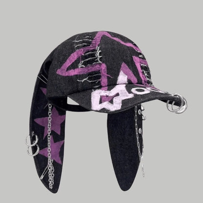 Celebrity-Inspired Niche Rabbit Ear Denim Ripped Baseball Cap Washed Graffiti Hip-Hop Sun Hat Trendy Cap