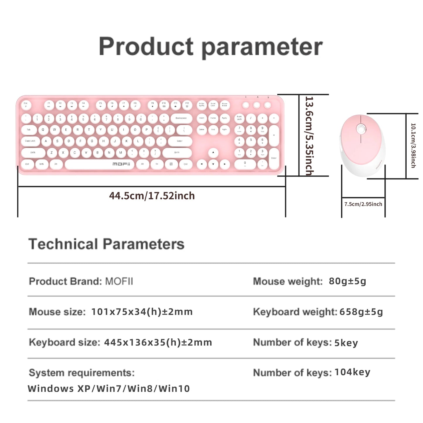MOFii Black Retro Round Keycaps Wireless Keyboard & Mouse Combo, 2.4G Quiet Office Set, US QWERTY Layout