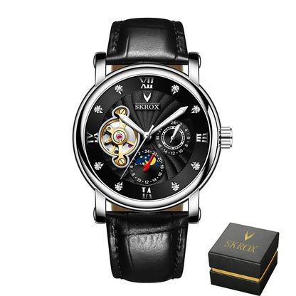 Montre mécanique automatique de luxe pour homme, signée par une grande marque, dotée d'un tourbillon, d'une phase de lune et de diamants – une montre-bracelet élégante.