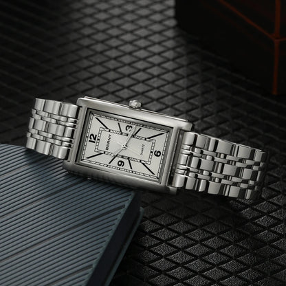 Reloj cuadrado para hombre BERNY – Movimiento de cuarzo, esfera con números romanos, indicación luminiscente, caja de acero inoxidable 316L – Reloj rectangular elegante y desenfadado