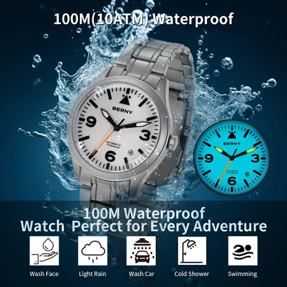 BERNY Aviation Top Titanium Mechanical Men Watch Sapphire AR Coating Supper Luminous 10Bar Sport Watch Titanium Aviation Watches