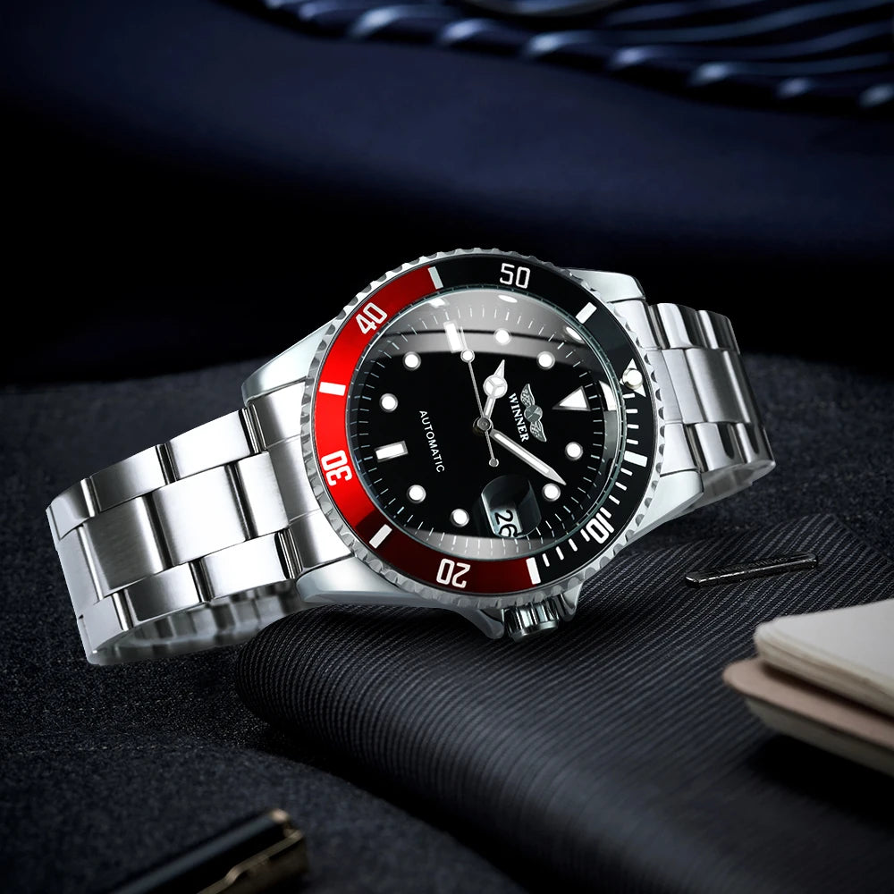 Reloj mecánico clásico para hombre: marca de lujo, estilo profesional, movimiento automático, bisel giratorio, esfera luminiscente, correa de acero
