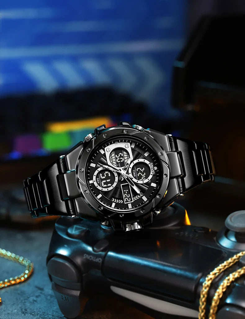 Reloj para hombre SMAEL 8160 – Modelo deportivo militar, analógico y digital, de acero inoxidable – Resistente al agua, con pantalla LED, alarma, cronógrafo y cronómetro