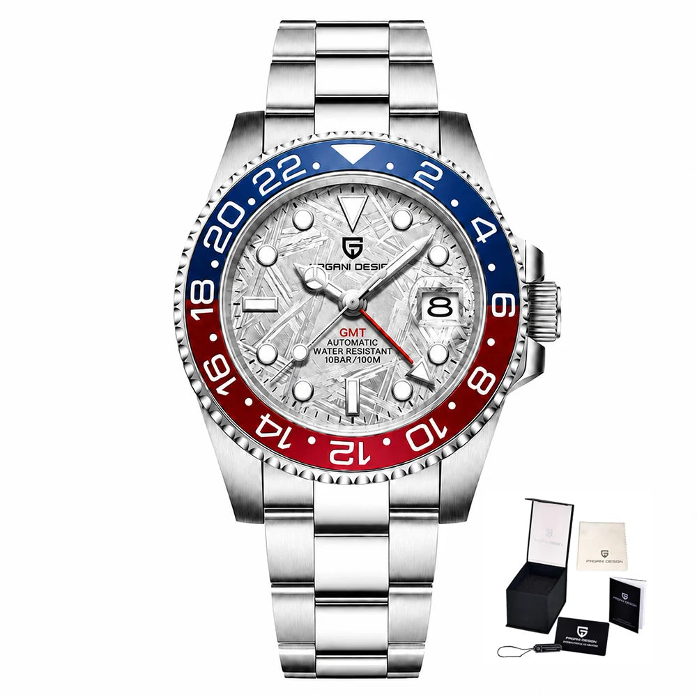 Montre mécanique pour homme Pagani Design GMT – Modèle de luxe avec verre saphir, boîtier en acier inoxydable et lunette en céramique – Montre automatique pour homme, style professionnel