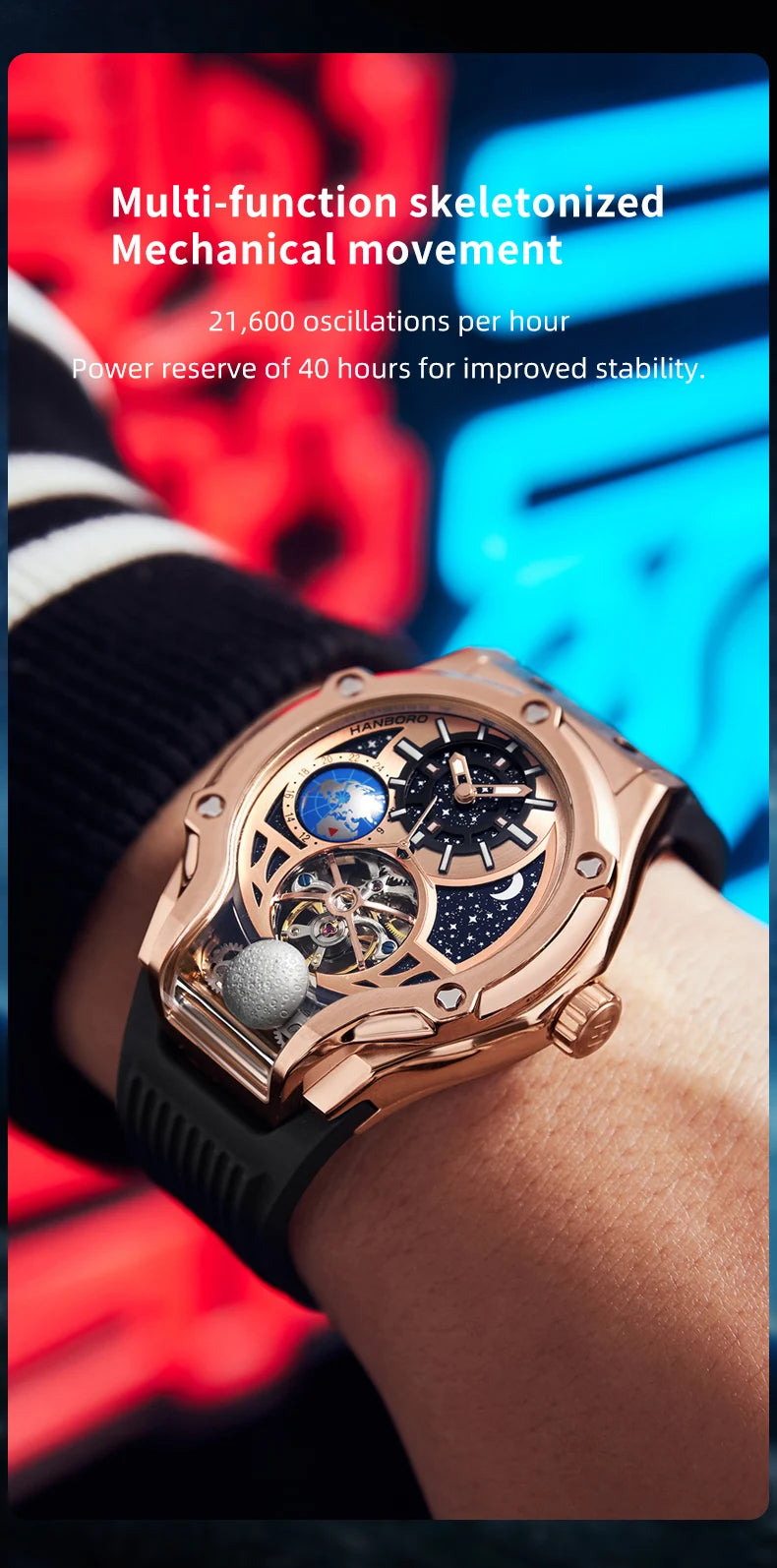 HANBORO Rose Gold Starry Sky Hollow Flywheel Moon Phase Automatic Mechanical Watch Luxury Space Theme Sports Watch 980