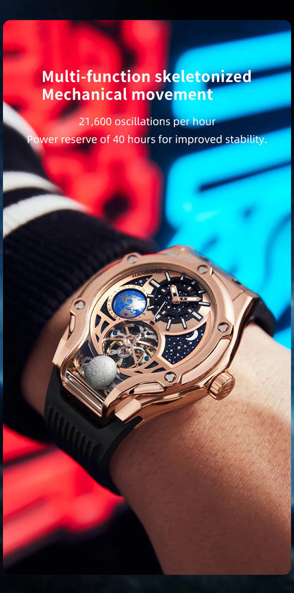 HANBORO Rose Gold Starry Sky Hollow Flywheel Moon Phase Automatic Mechanical Watch Luxury Space Theme Sports Watch 980