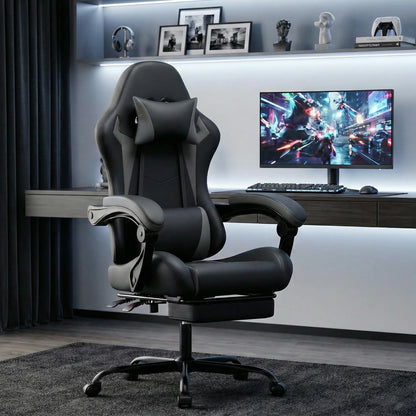 Ergonomic Gaming Chair, Lumbar & Head Pillow, Adjustable Height, Black-Grey