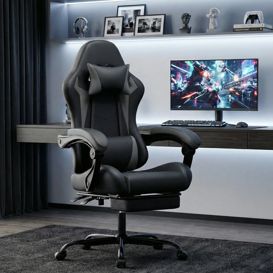 Ergonomic Gaming Chair, Lumbar & Head Pillow, Adjustable Height, Black-Grey