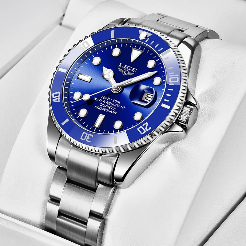 Reloj para hombre LIGE: cronógrafo de cuarzo, resistente al agua, estilo informal y profesional, accesorio de moda de lujo de una gran marca.