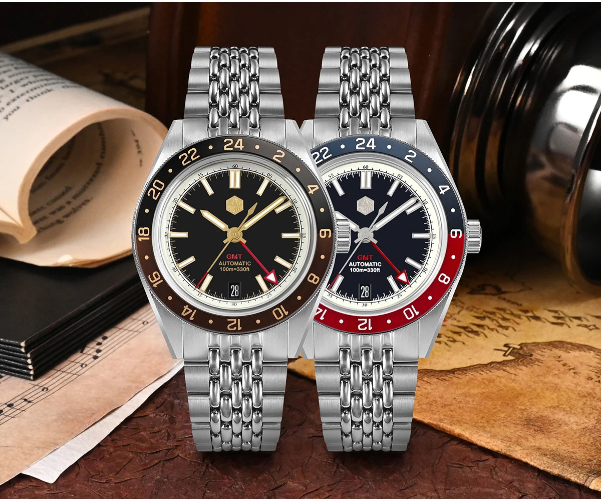 San Martin 39.5mm Limited Edition Full Lume Dial Automatic Mens Watch NH34 GMT 6H Date 10Bar Luxury Kol Saati SN0116W