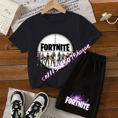 Sommerliches Fortnite-Kinder-Set: T-Shirt und Shorts, 2-teilig, Anime-Design, kurzärmelig, aus Baumwolle, lässige Sportbekleidung, Geschenkidee