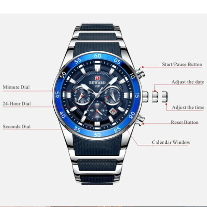 REWARD Relogios Masculino 81011M Sports Silicone Quartz Men's Watch Waterproof Calendar Chronograph Luminous Watches Men Часы