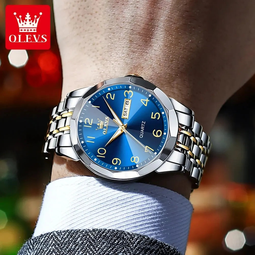 Reloj para hombre OLEVS 9970 – Modelo elegante con esfera digital, indicador de fecha y día, resistente al agua, luminiscente, de cuarzo – Reloj de lujo original