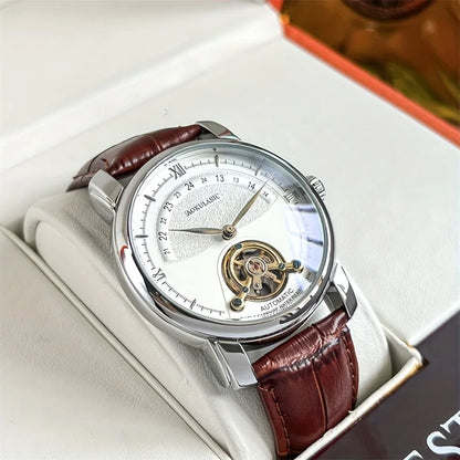 Reloj mecánico automático para hombre: elegante diseño esqueleto, estilo «business casual» de moda, caja de aleación y correa de piel, sin pila
