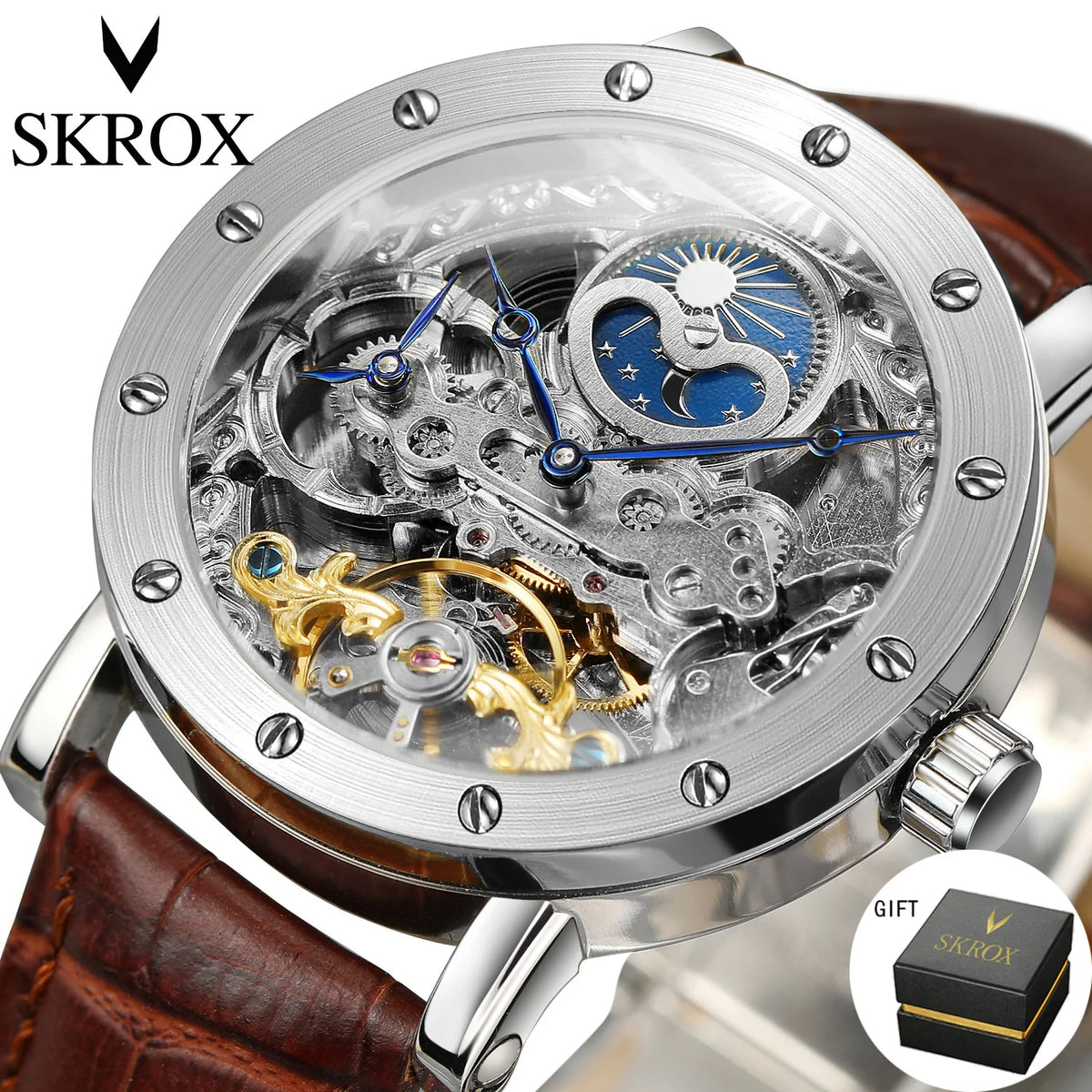 Montre-bracelet mécanique automatique SKROX pour homme, modèle squelette avec fonction GMT, phase de lune et tourbillon – Montre de luxe haut de gamme, élégante et originale.