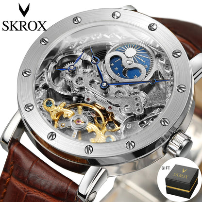 Montre-bracelet mécanique automatique SKROX pour homme, modèle squelette avec fonction GMT, phase de lune et tourbillon – Montre de luxe haut de gamme, élégante et originale.