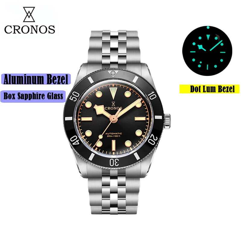 Cronos Luxury Men's Watches 37mm Diver BB54 Vintage Automatic Matt/ Aluminum Bezel Female End Links Sapphire 20 Bar L6033 M