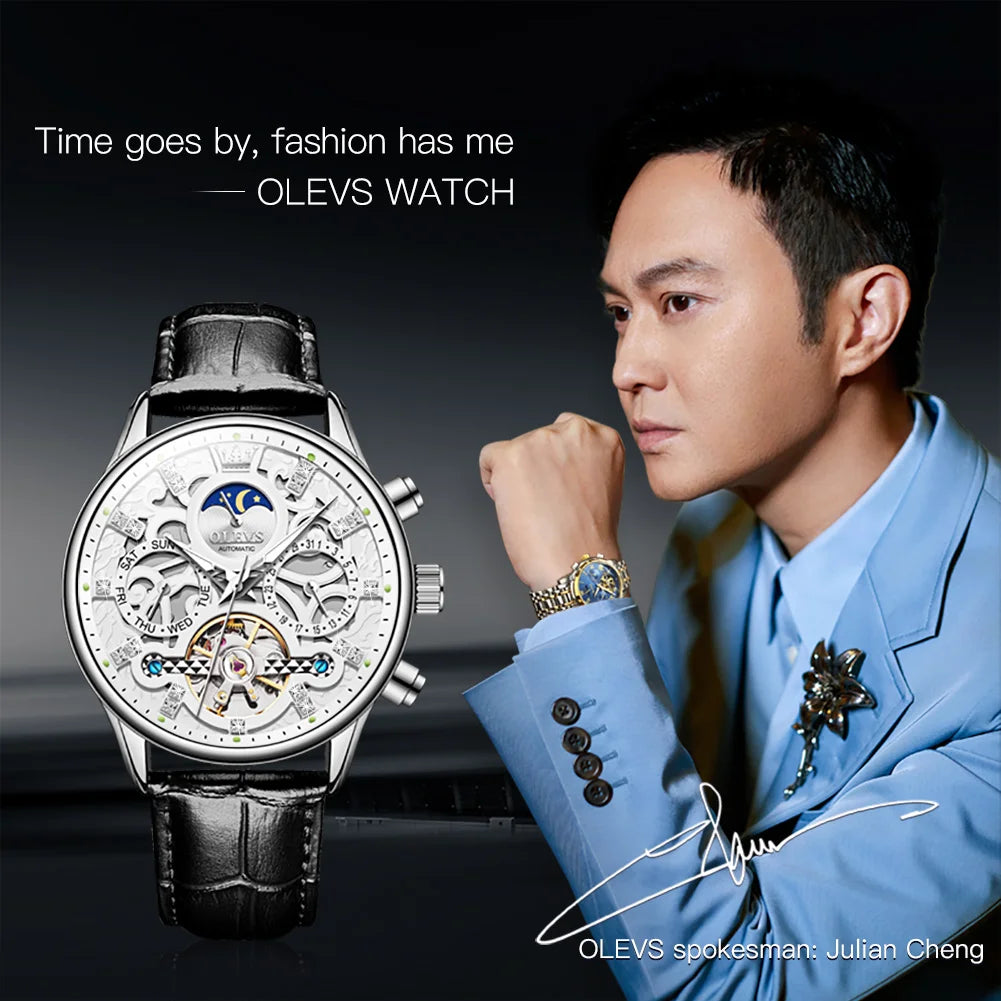 OLEVS 6658 Automatic Mechanical Watch for Man Leather Strap Waterproof Moon Phase Business Dress Men's Watches