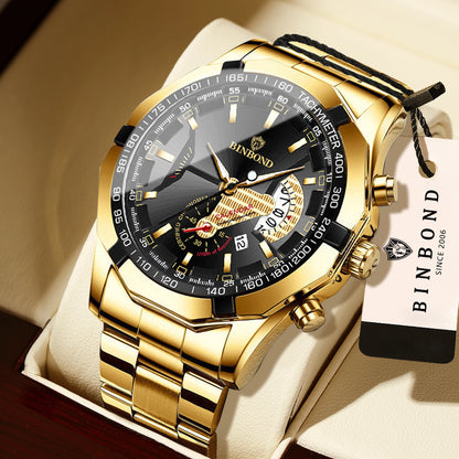 Reloj de pulsera de cuarzo de lujo BINBOND para hombre, luminiscente, resistente al agua, con fecha automática, de acero inoxidable