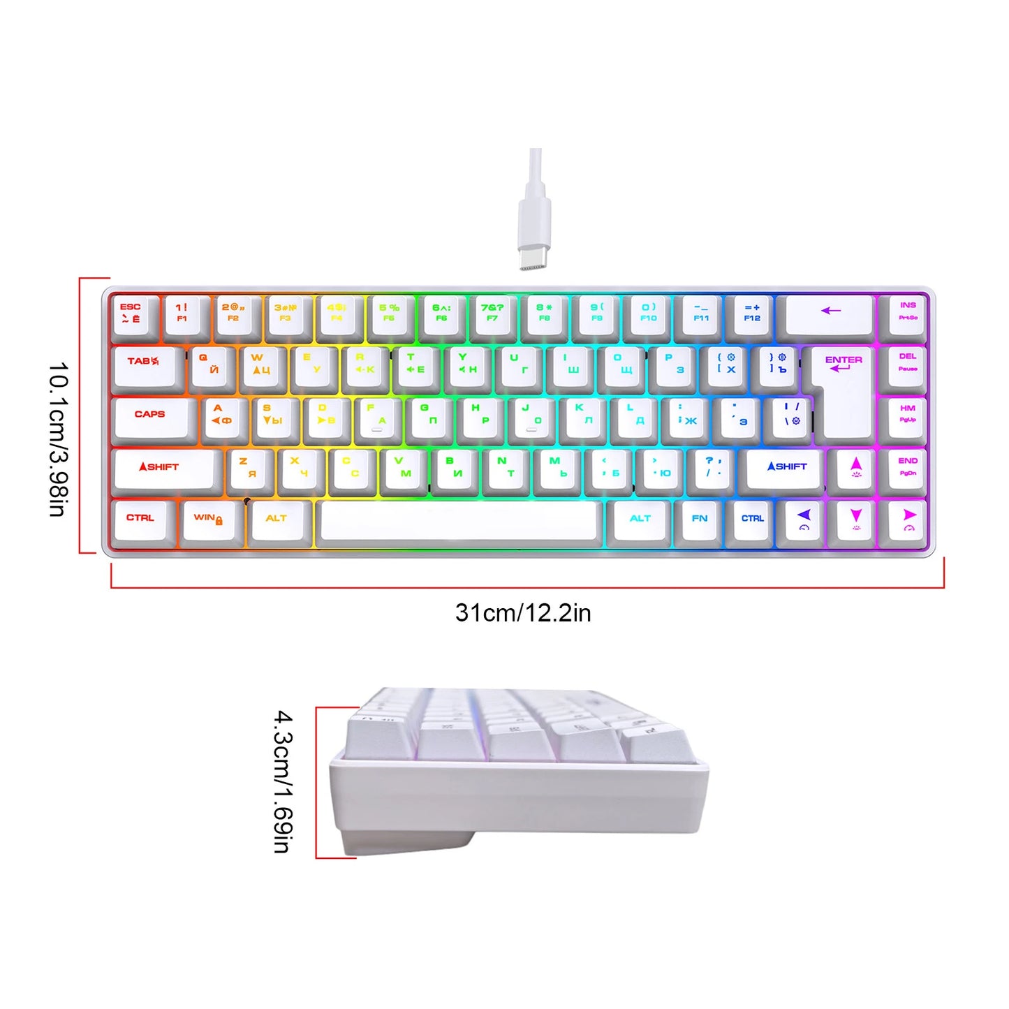68-Key Russian English Mechanical Gaming Keyboard Dual Language Keyboard RGB Backlit Gaming Mechanical Keyboard for Gaming