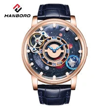 HANBORO Rose Gold Starry Sky Hollow Flywheel Moon Phase Automatic Mechanical Watch Luxury Space Theme Sports Watch 980
