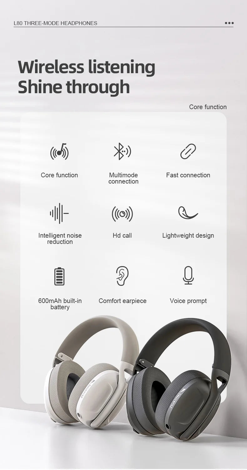 SMAILWOLF L80 Bluetooth wireless three-mode gaming headset, lightweight 185g plug-in microphone e-sports gaming headset