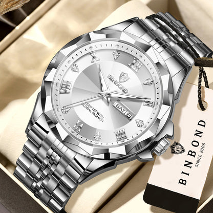 Reloj de cuarzo para hombre BINBOND: reloj de pulsera de lujo, luminiscente y resistente al agua, con indicador del día de la semana y fecha automática.