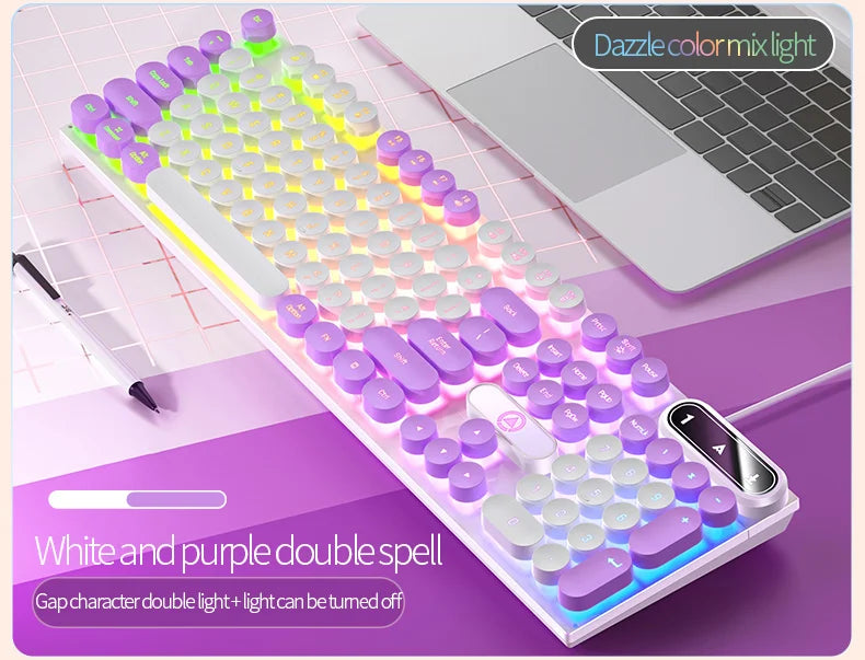 Typewriter Round 104 Keys Gaming Keyboard Wired Keyboard Color Matching Backlit Computer E-sports Peripherals for Desktop Laptop