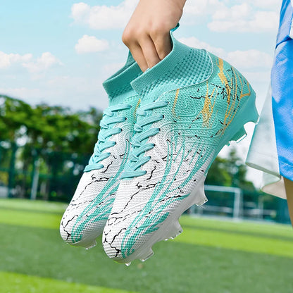 Nouvelles chaussures de football pour hommes, très vendues, chaussures de football à tige haute, crampons de futsal pour terrain en herbe, baskets d'intérieur de haute qualité, antidérapantes pour l'extérieur.