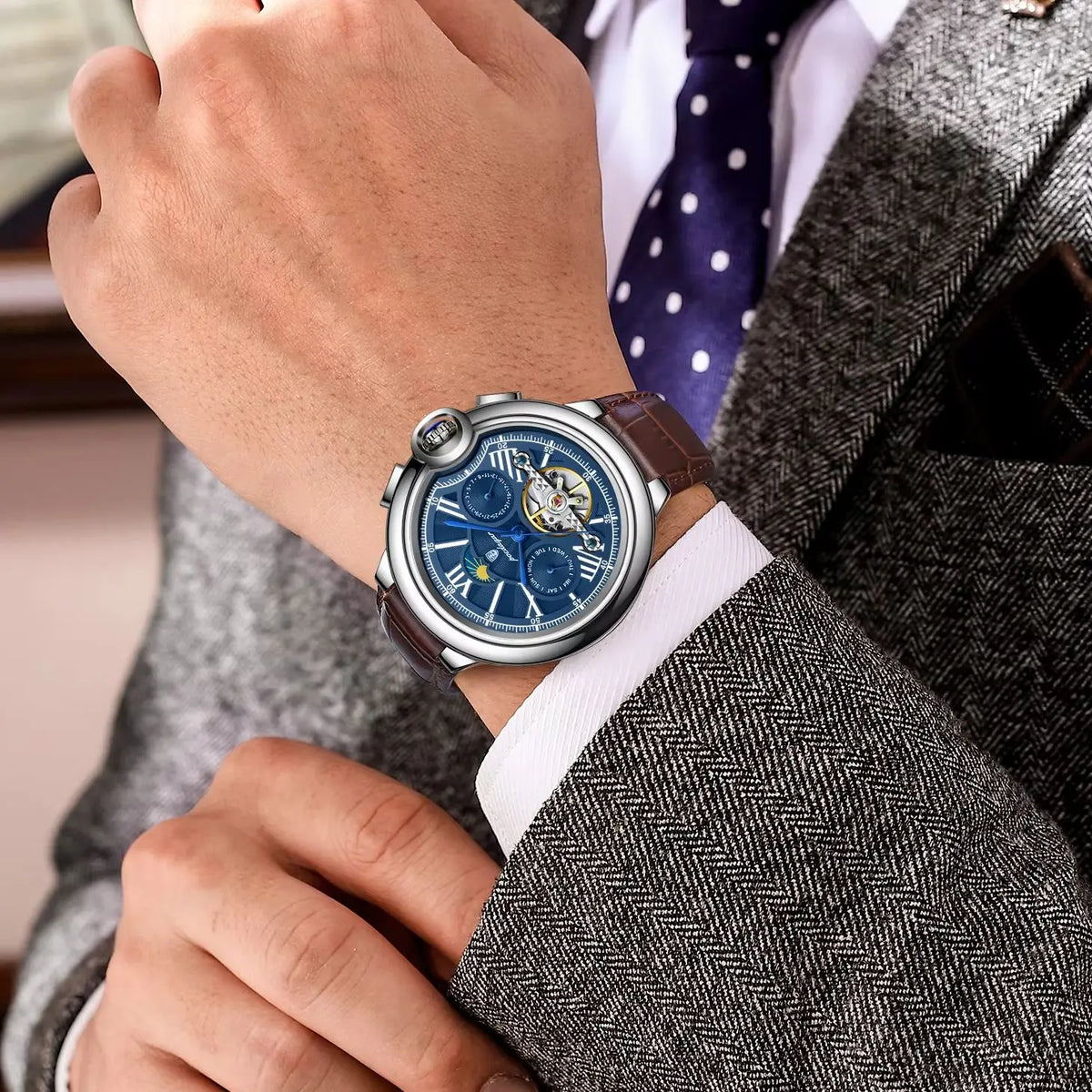 Montre de luxe pour homme POEDAGAR – Modèle automatique mécanique avec affichage de la date et du jour, bracelet en cuir, tourbillon, étanche, style élégant et professionnel.