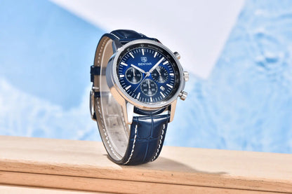 Reloj de lujo para hombre Benyar: cronógrafo con fecha, correa de piel, resistente al agua, luminiscente, estilo deportivo y militar, reloj de cuarzo