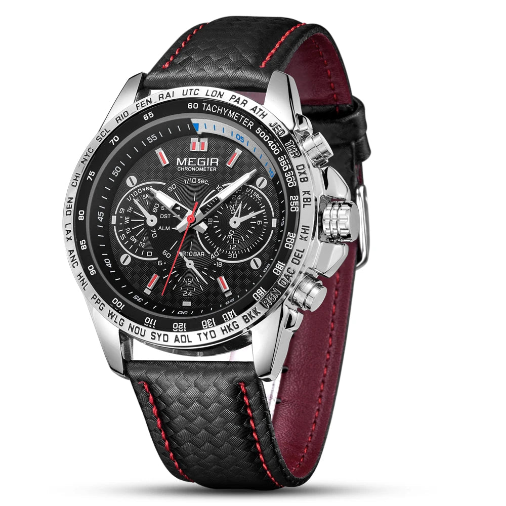 Montre-bracelet analogique à quartz pour homme MEGIR – Montre de luxe étanche avec bracelet en cuir, style décontracté, modèle 1010 (noir)