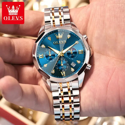 Montre homme OLEVS 3670, élégante, à phase de lune, à quartz, étanche, lumineuse, automatique, date, en acier inoxydable