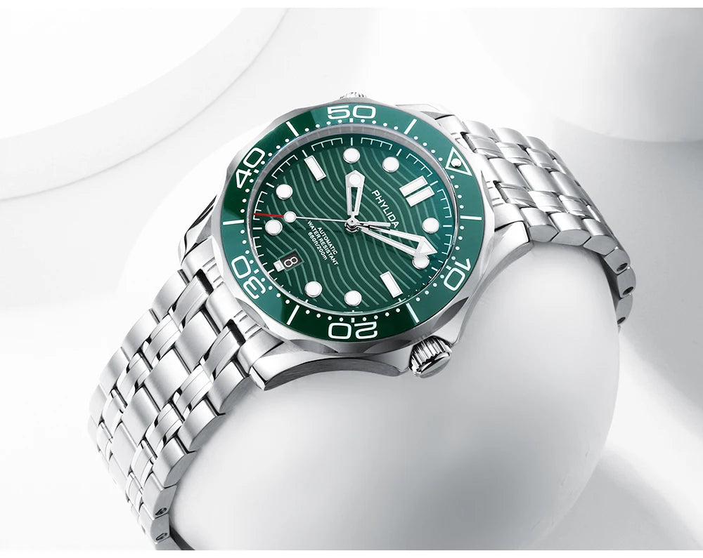 PHYLIDA New Green Dial PT5000 MIYOTA Automatic Watch DIVER 200M Sapphire Crystal Solid Bracelet WR 20Bar