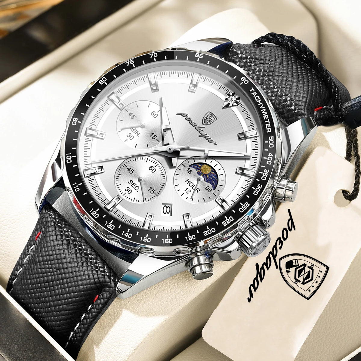 Montre homme POEDAGAR de luxe, élégante et étanche, chronographe à quartz avec date, style classique et lumineux.