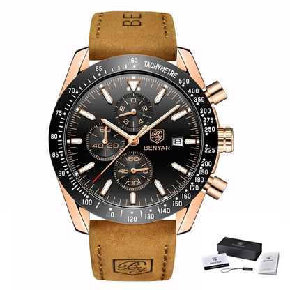 Relojes de lujo para hombre BENYAR: relojes de pulsera de cuarzo con correa de piel, resistentes al agua hasta 30 m, estilo deportivo.