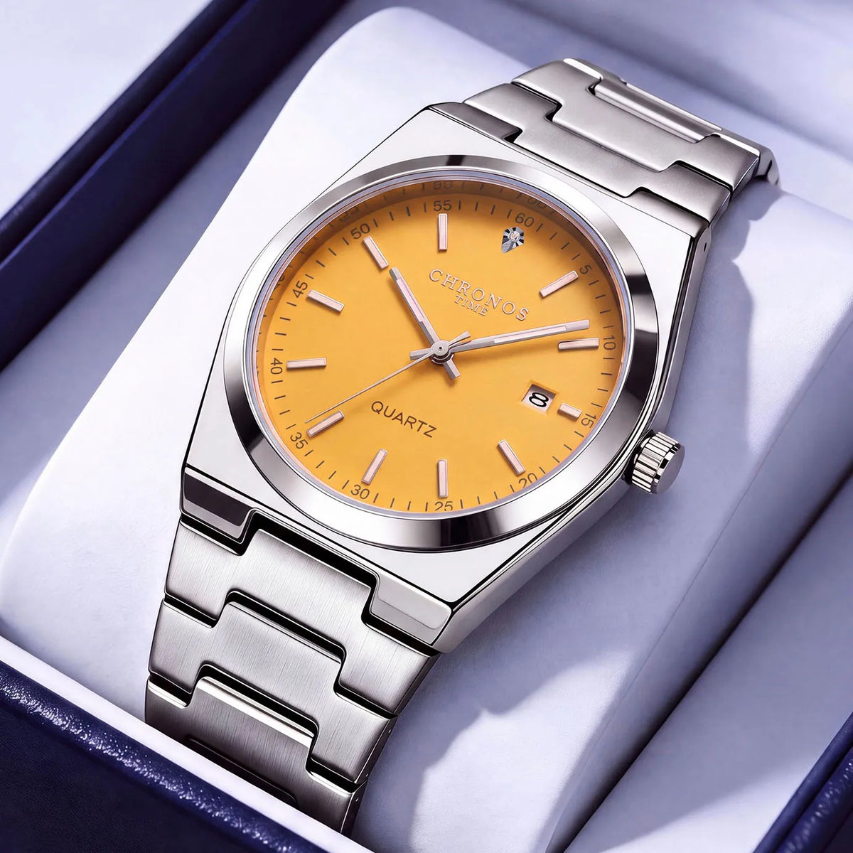 Montre à quartz pour homme CHRONOS – Bracelet en acier inoxydable, étanche, aiguilles luminescentes, affichage de la date – Idéale pour le travail, le sport ou au quotidien