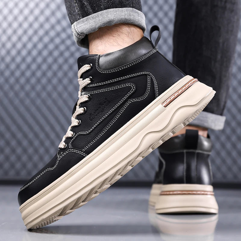 2026 New Mens Genuine Leather Walking Shoes Fashion Outdoor Thick Bottom Antiskid Vulcanized Shoes Comfy Casual Leather Flats
