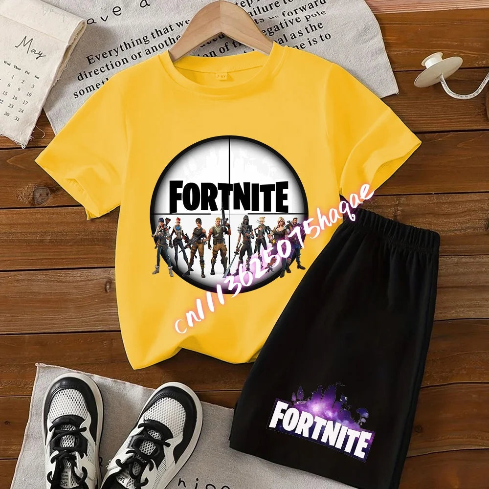 Sommerliches Fortnite-Kinder-Set: T-Shirt und Shorts, 2-teilig, Anime-Design, kurzärmelig, aus Baumwolle, lässige Sportbekleidung, Geschenkidee