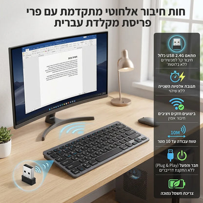 Ultra Slim Hebrew Bluetooth & 2.4G Dual Mode Keyboard Israel Wireless Keyboard Low noise for iOS iPad Android Tablets Windows