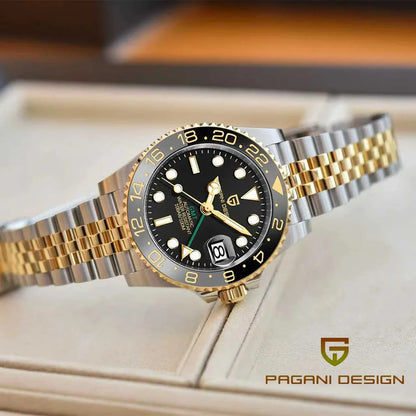 Montre mécanique pour homme Pagani Design GMT – Modèle de luxe avec verre saphir, boîtier en acier inoxydable et lunette en céramique – Montre automatique pour homme, style professionnel
