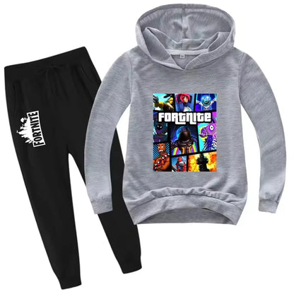Fortnite-Game-Print-Kinderset, Hoodie im Cartoon-Stil, bequemer 2-teiliger Anzug mit lockerem Langarm-Oberteil und Hose, Herbst-/Winterkleidung