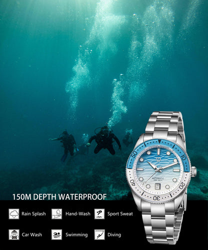 40mm Diver Watch Texture Men's Watches Automatic Mechanical Sapphire Waterproof 150 Meters Luminous Comes With Rubber Strap