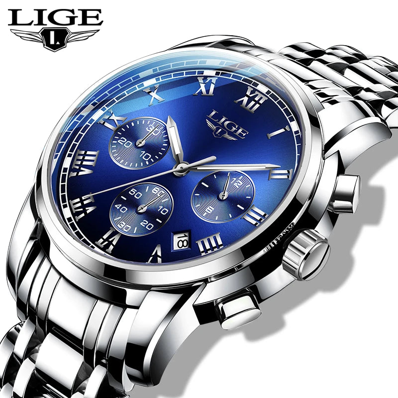Montre pour homme LIGE – Chronographe de luxe, style sport décontracté, étanche, entièrement en acier, mouvement à quartz