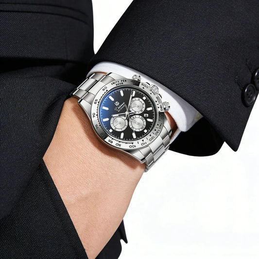Reloj mecánico automático para hombre, estilo «business casual», color plateado, resistente al agua hasta 3 ATM, multifunción.