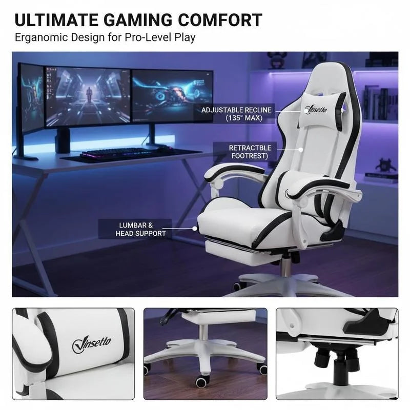 Leather Gaming Chair 135° Reclining with Retractable360° Swivel Height Ergonomic White Contrast Edge Office Chair 120KG Capacity