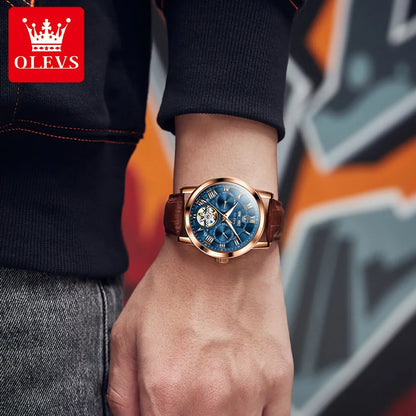 Montre homme OLEVS 6668, marque de renom, tendance et mécanique automatique, bracelet en cuir, étanche et lumineuse.
